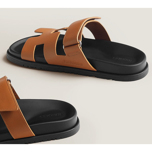 Hermes Chypre Sandal Natural Brown Leather Black Strap Slide Slip On Flat 39.5 - Picture 8 of 12